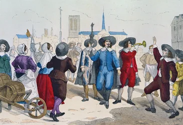 Los vendedores de vino recorrían las calles en tiempos de Luis XIII (1601-43), precedidos por su jefe, que llevaba una copa de plata, de «Trajes de París a través de los siglos», ed. Roy, publicado en 1887